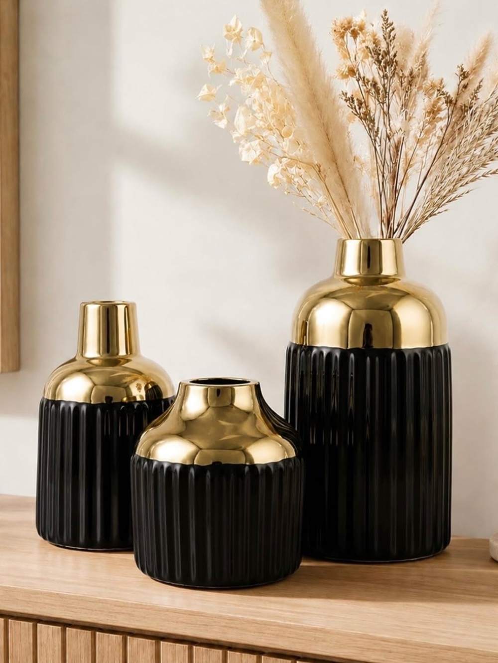 Set of 3 Gold and Black Ribbed Vase Set - Home Accents
